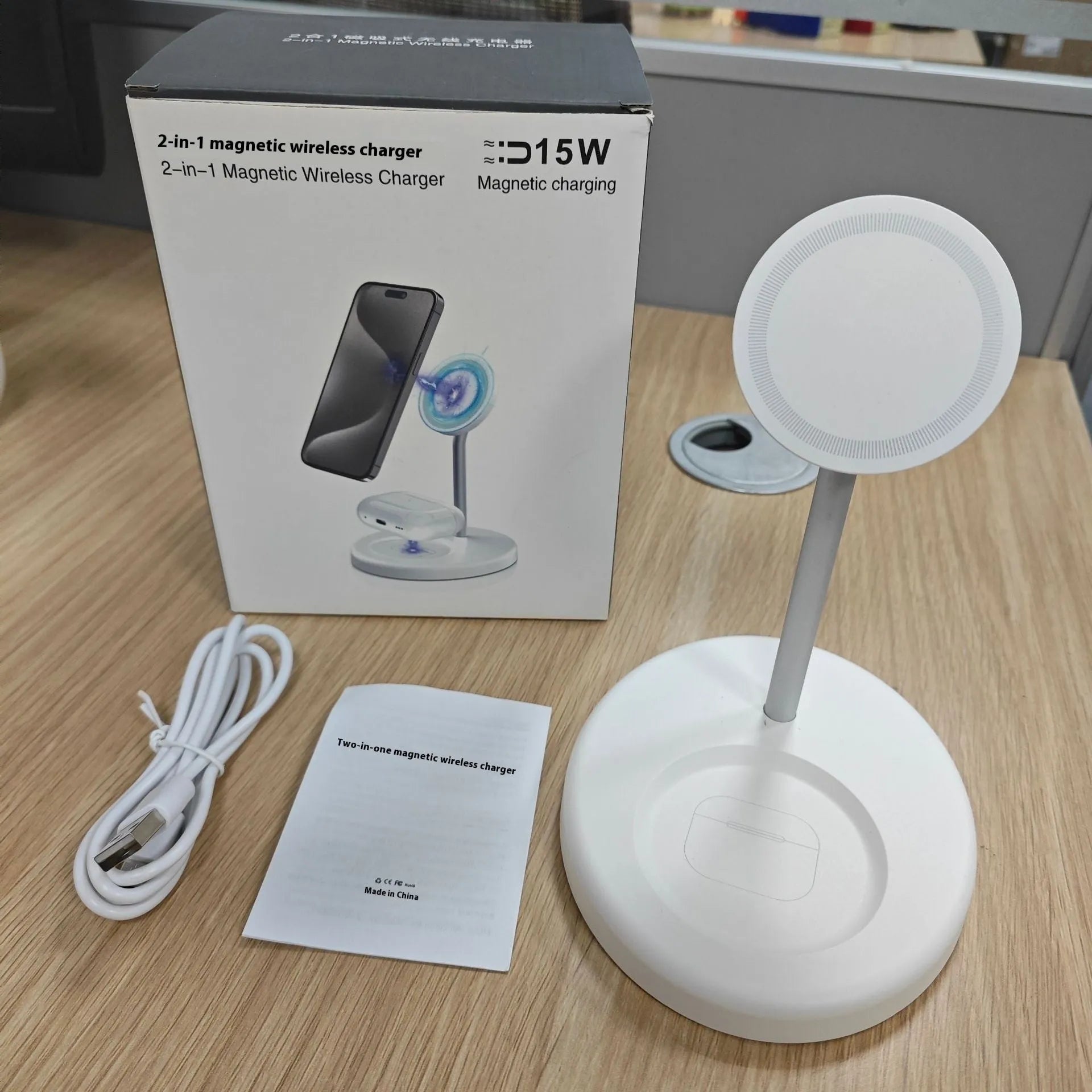 White vertical wireless charger with cooling holes showing smartphone charging at 30W