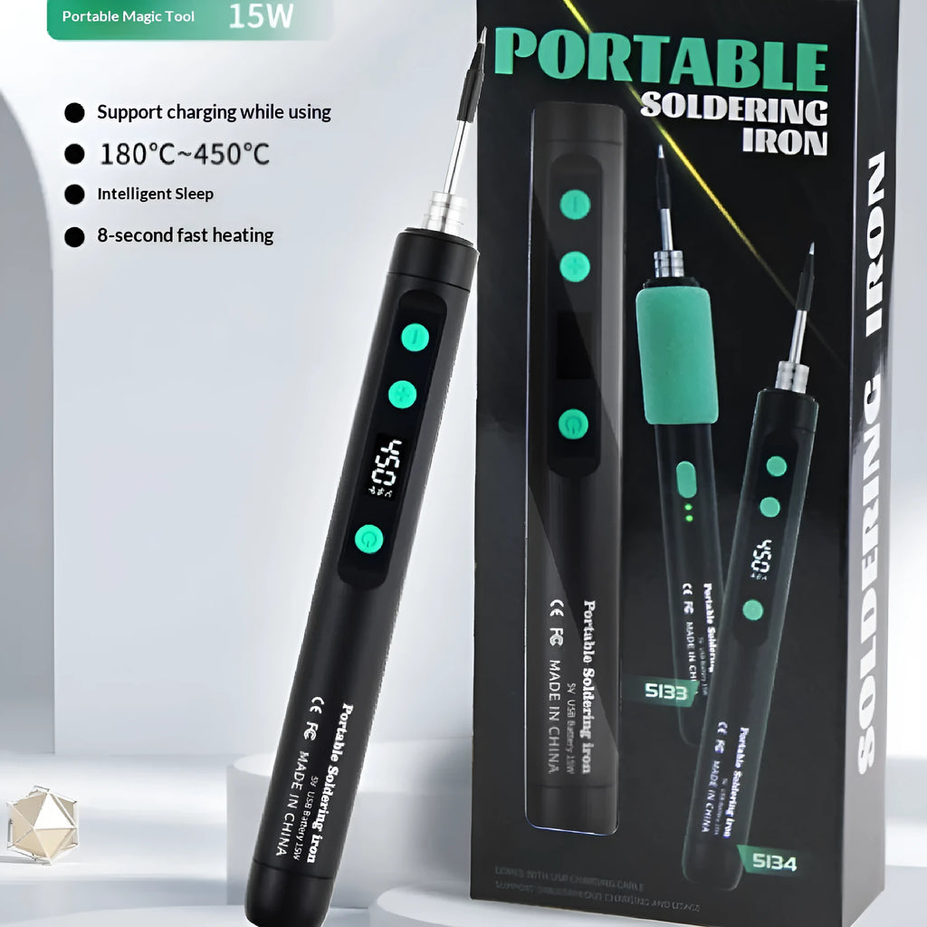 15W portable spot welding pen tool with black rubber handle and USB charging cable