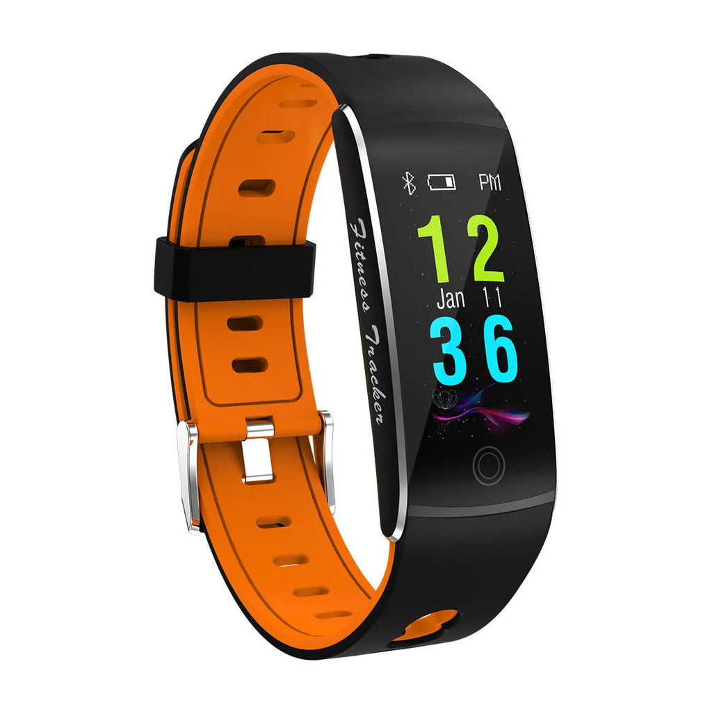 F10T smart bracelet with 0.96-inch colour touch screen on a black silicone wrist strap, showing body temperature display.