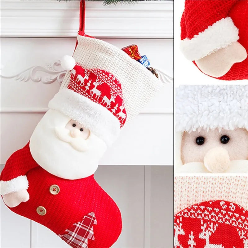 Large red and white knitted Christmas stocking with Santa Claus or Snowman design on a fireplace mantel