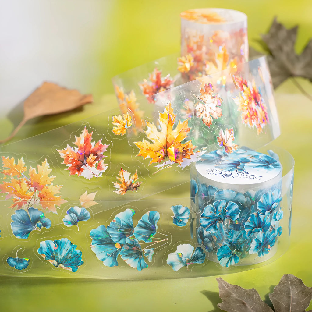 Six rolls of Deciduous Poetry Series decorative stickers showing autumn leaf patterns like ginkgo and maple.
