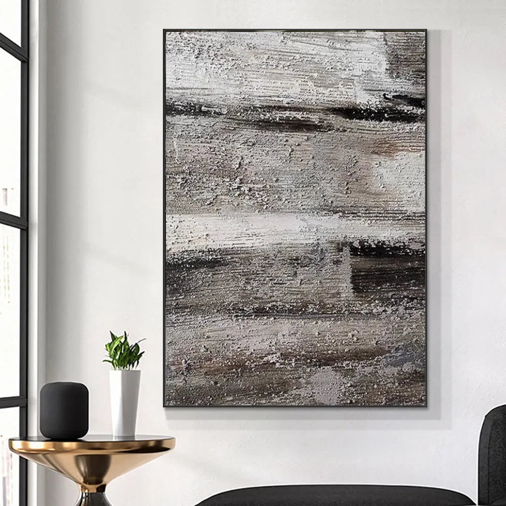Handmade abstract oil painting on canvas, grey colours with texture, frameless and rolled, suitable for living room wall decor.