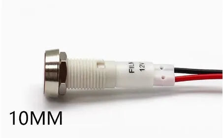 10mm diameter stainless steel edge plastic indicator light with wire in multiple colour options.