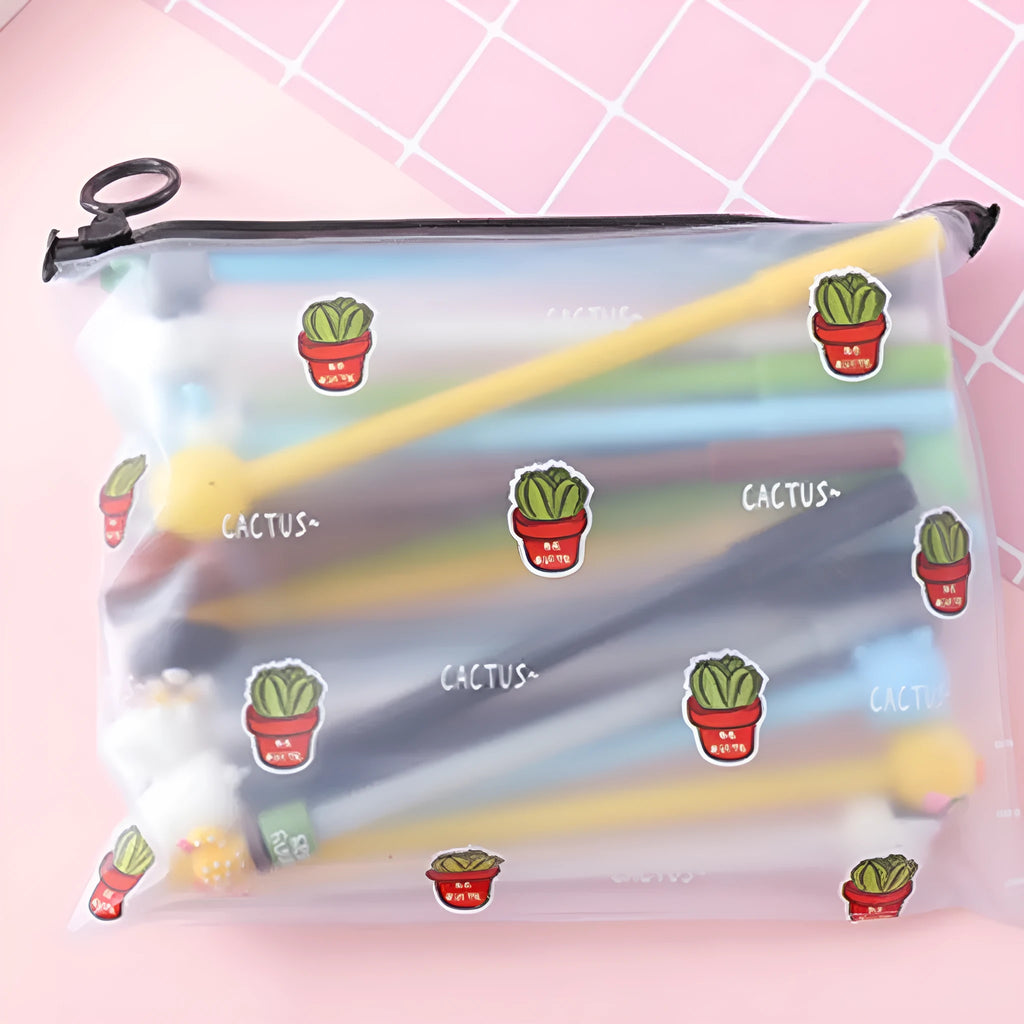 Marvel cartoon cactus-themed plastic pen case open to show 20 black 0.5mm ballpoint pens inside.