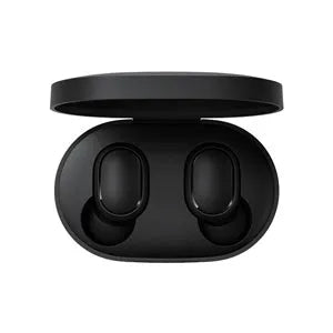 Black Redmi AirDots true wireless earbuds next to their compact charging case.