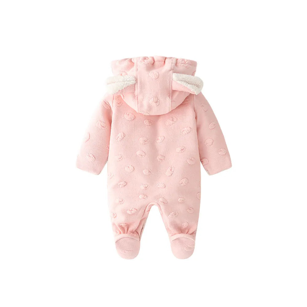 Baby wearing long sleeve princess romper with dark buckle closure in light blue colour