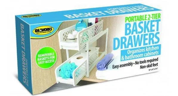 White plastic two-tier desktop storage rack on a bathroom counter holding toiletries, 41.5cm wide