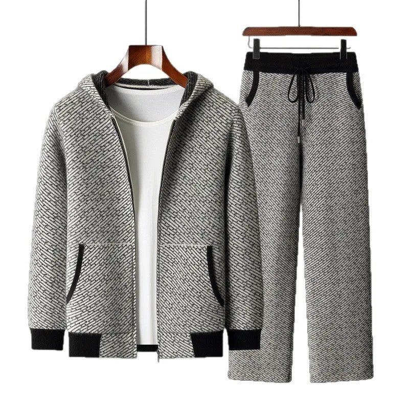 Men's hooded sweater cardigan set with long sleeve top and matching trousers in black, blue, and camel