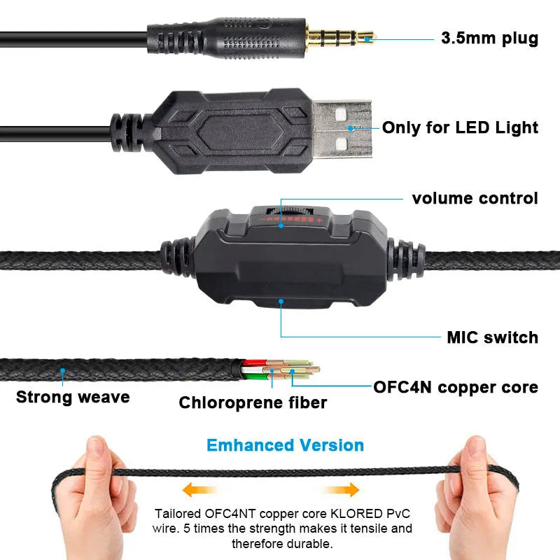 Black wired gaming headset with RGB lighting and built-in microphone showing 3.5mm plug connection
