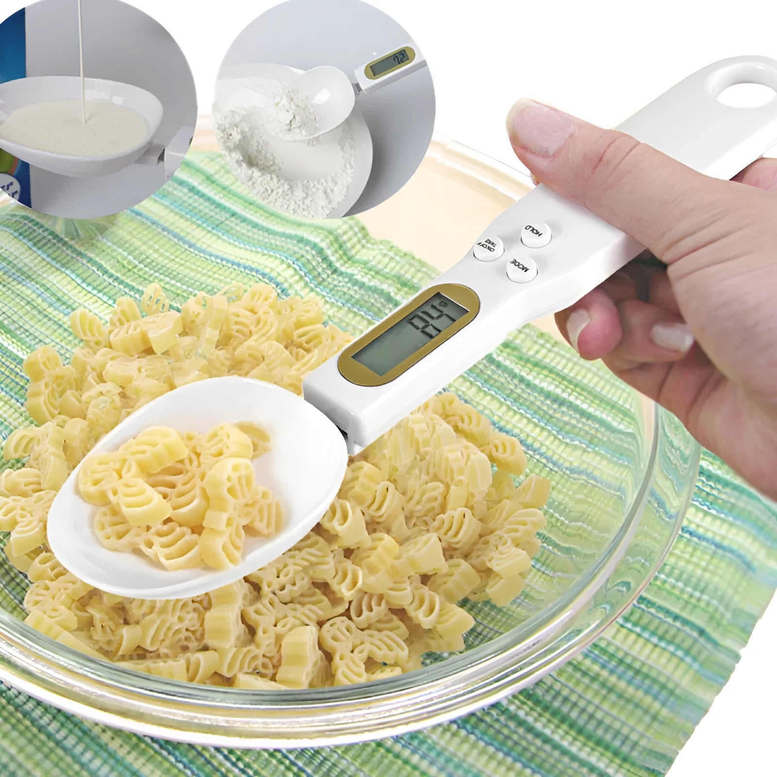 White digital spoon kitchen scale with LCD display showing weight measurement.
