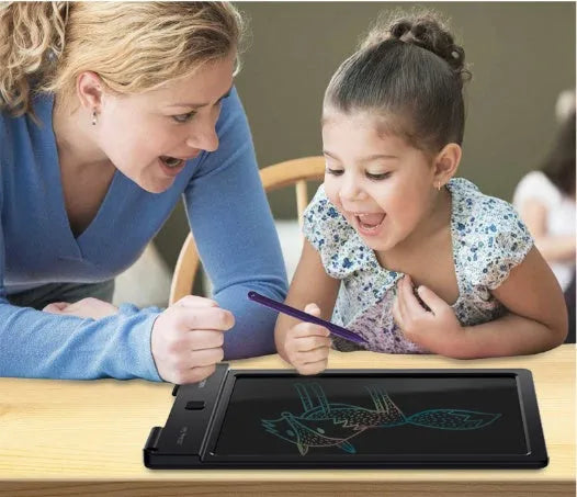 Black electronic LCD tablet with stylus, 229.25x149.45x10.5 mm, full-perspective screen, CR2032 battery