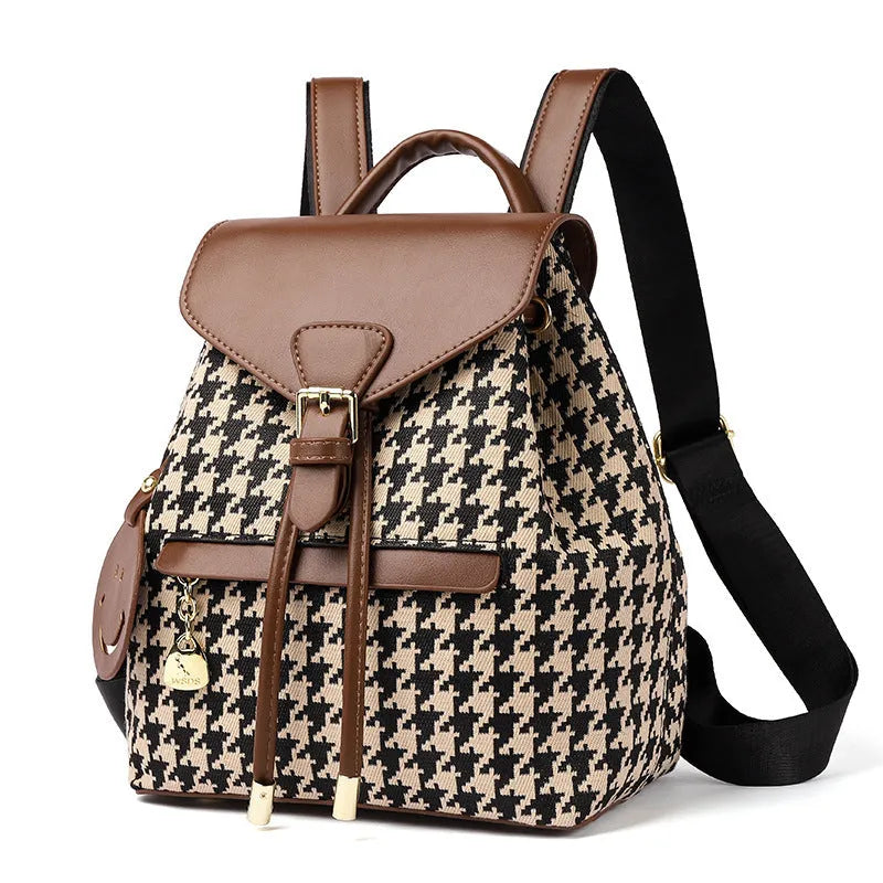 Houndstooth women's medium backpack Ostrich with Khaki contrast colour PU cover opening with car stitching