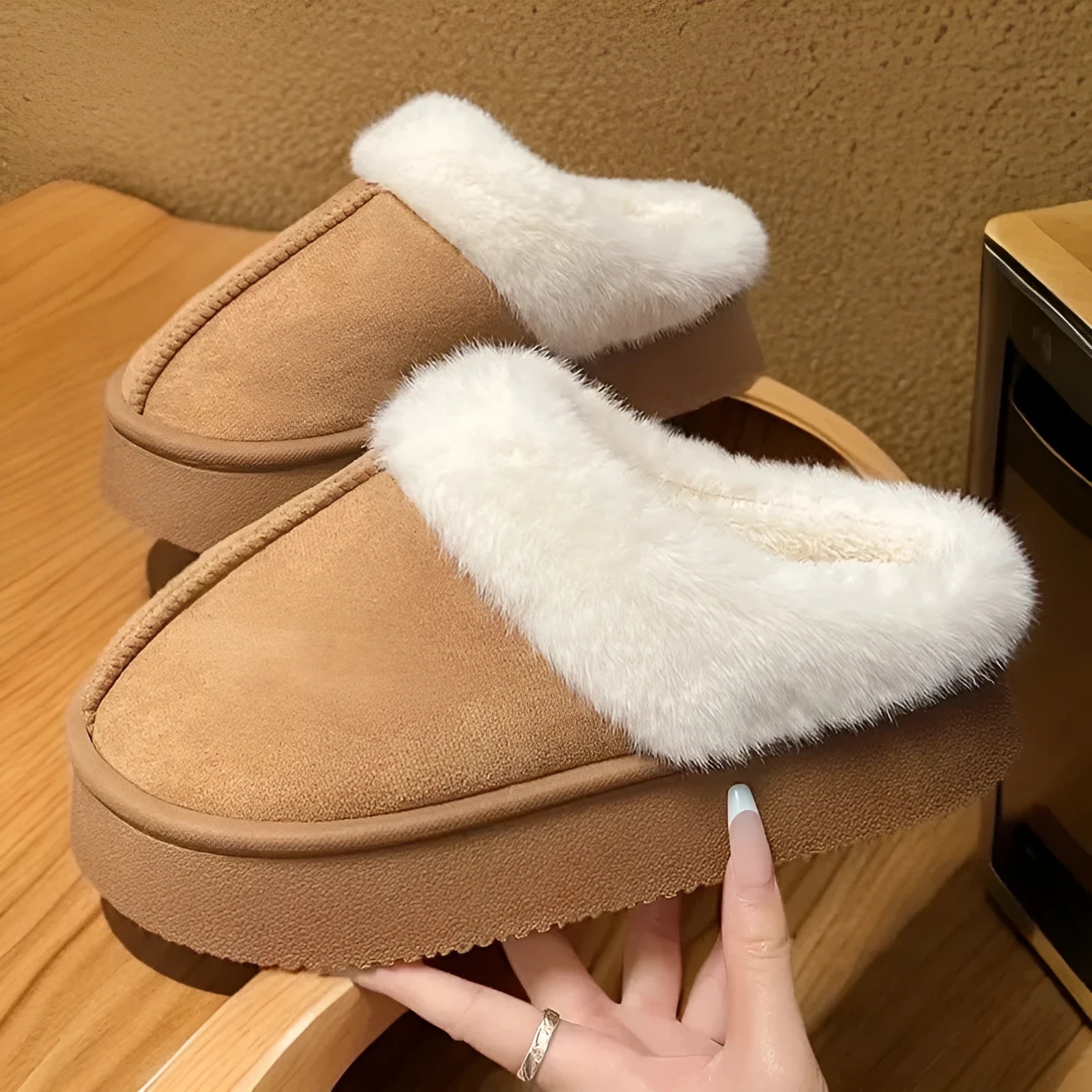 Indoor couple slippers with suede upper, thick EVA sole, and velboa lining in beige colour