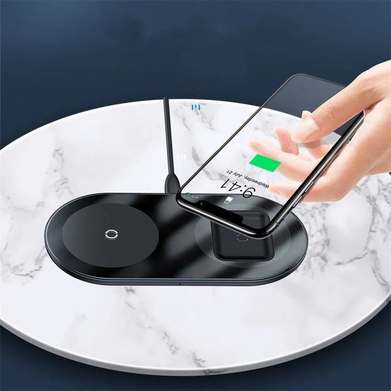 Two-in-one fast wireless charging pad with breathing light, aluminium and glass build, black colour, shown on desk