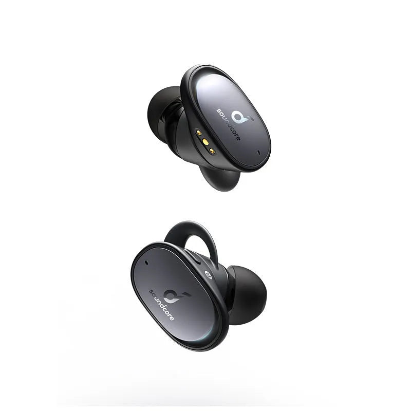 Black in-ear Bluetooth headset with dual earbuds and Bluetooth 5.0 for stereo calls and music