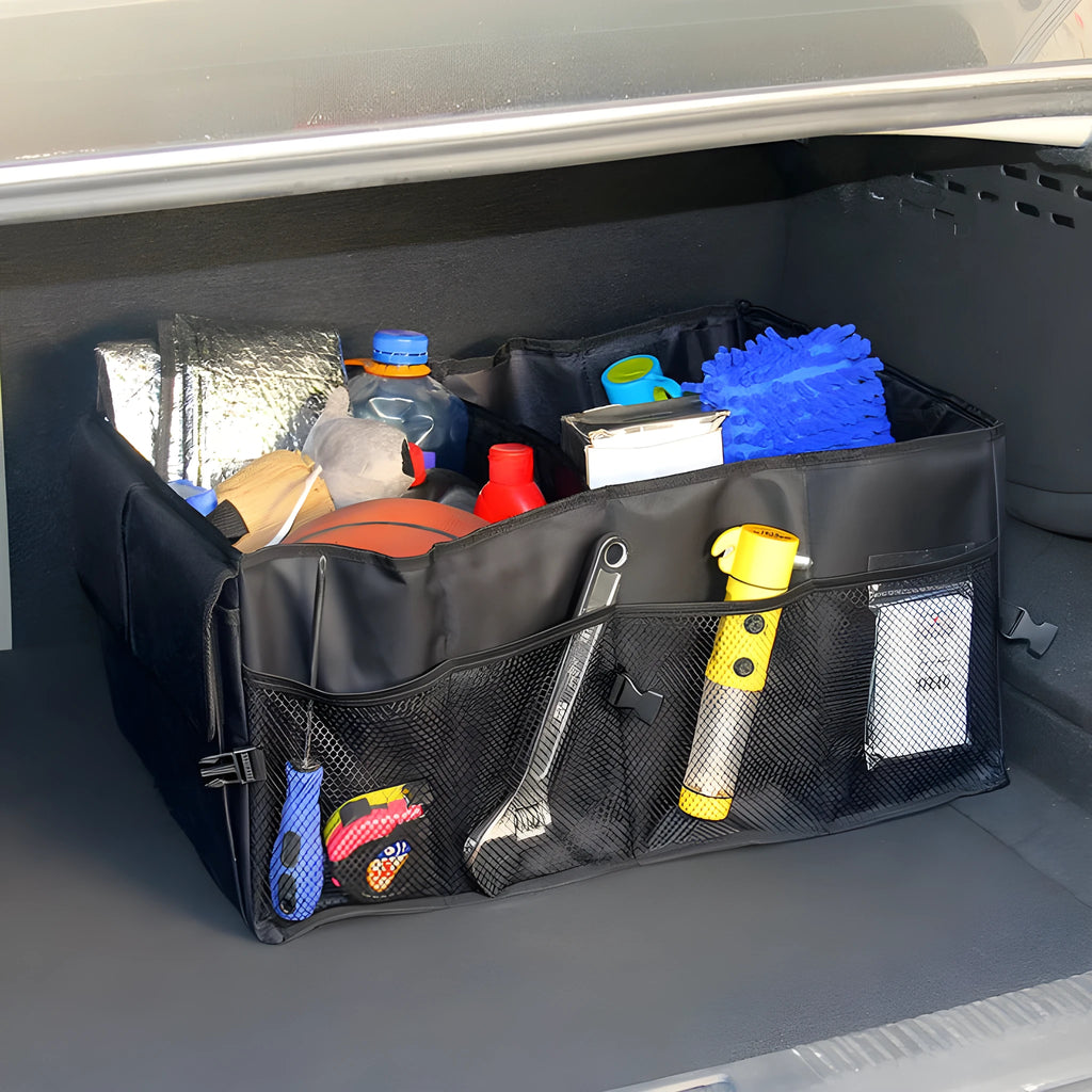 Black non-woven foldable car storage organiser bag 40cm long 26cm wide for boot package organisation