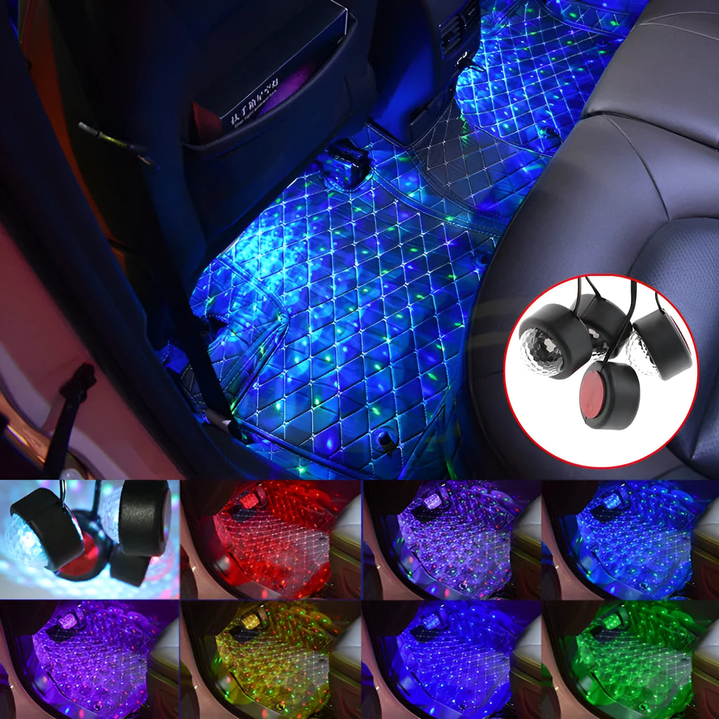 Car LED foot sole atmosphere light in colourful loop mode showing red, green, blue, purple, white, ice blue, and yellow