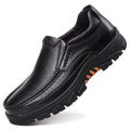 Men's black and brown business casual slip-on shoes made from cowhide leather with rubber soles