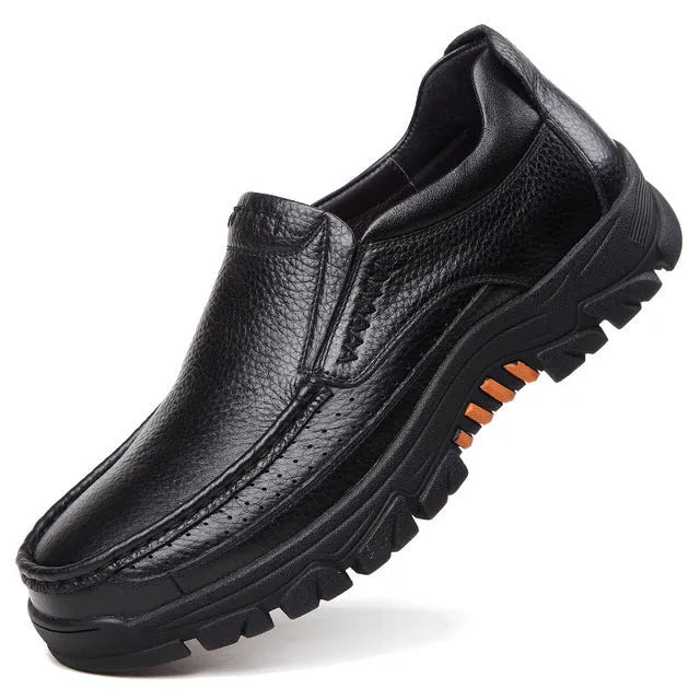 Men's black and brown business casual slip-on shoes made from cowhide leather with rubber soles