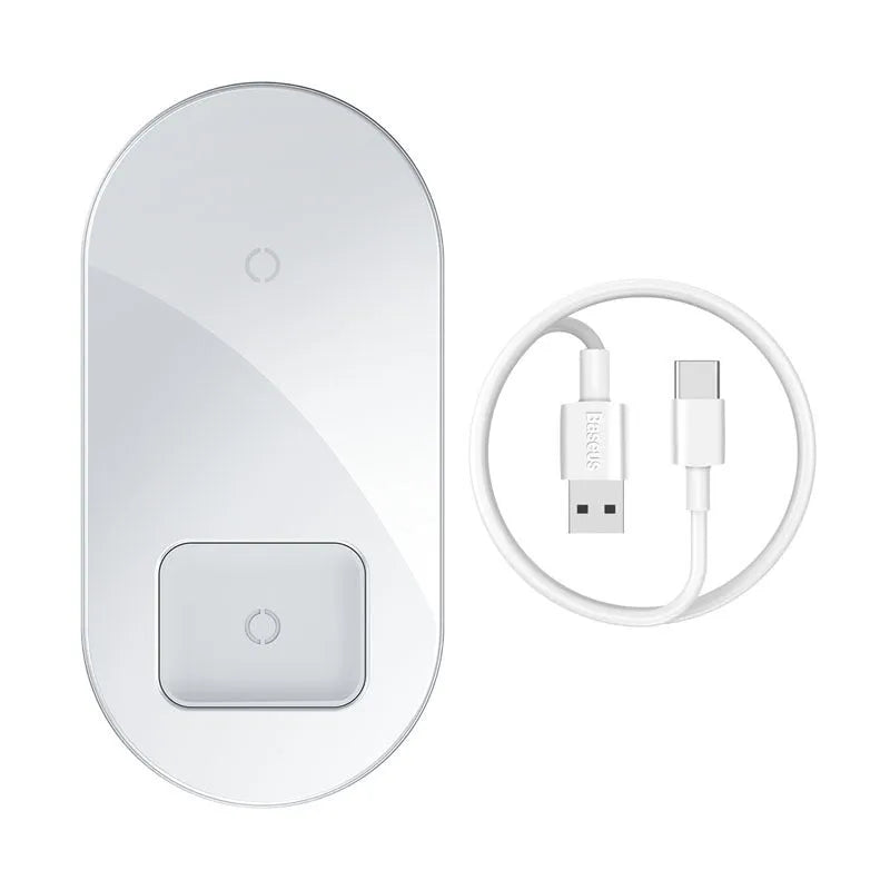 Two-in-one fast wireless charging pad with breathing light, aluminium and glass build, black colour, shown on desk