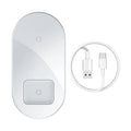 Two-in-one fast wireless charging pad with breathing light, aluminium and glass build, black colour, shown on desk