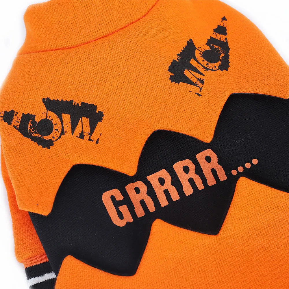 Orange cloth pumpkin costume sweater for dogs in six sizes from XS to XXL on a light background