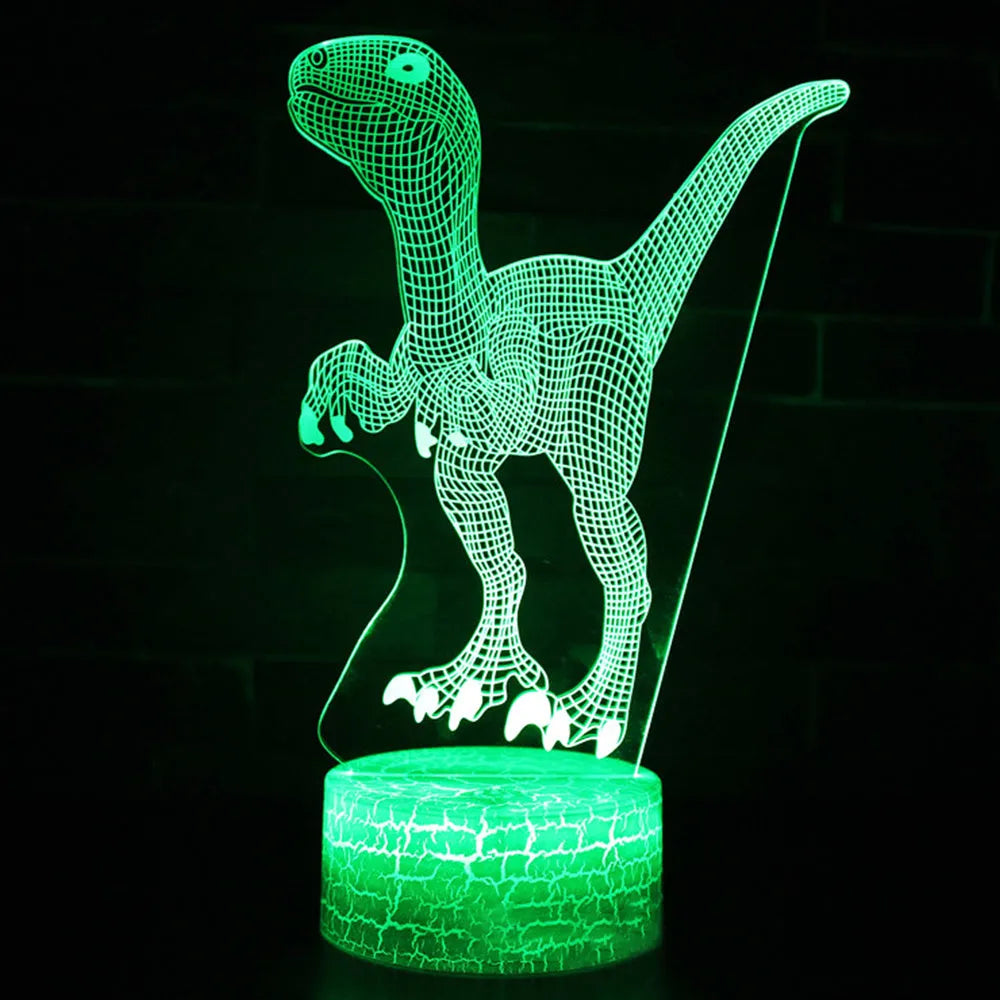 Colourful dinosaur 3D night light with remote control on a bedside table.