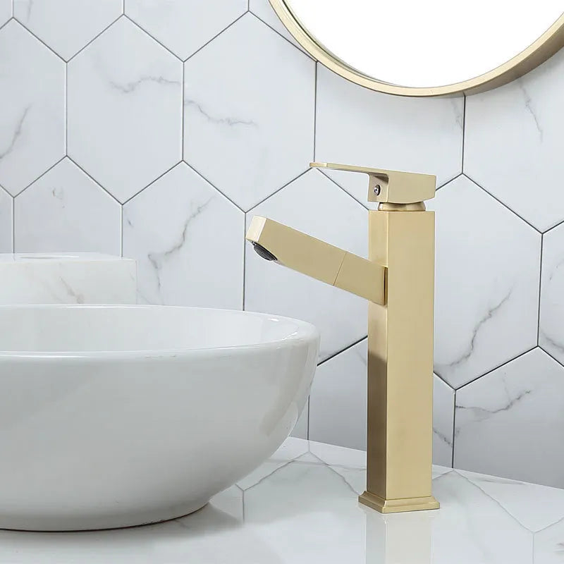 Square pull faucet in brushed brass with electroplated gold finish for hot and cold water control