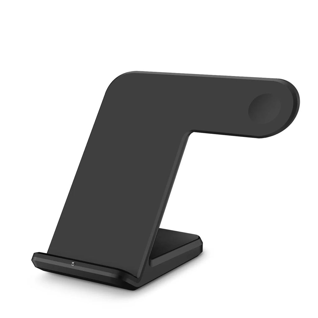 Black and white wireless phone charger with Type-C cable on a desk