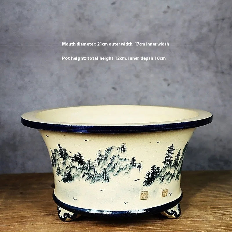 Lingnan Shiwan hand painted glazed ceramic flower pot with landscape decoration in High Mountains pattern