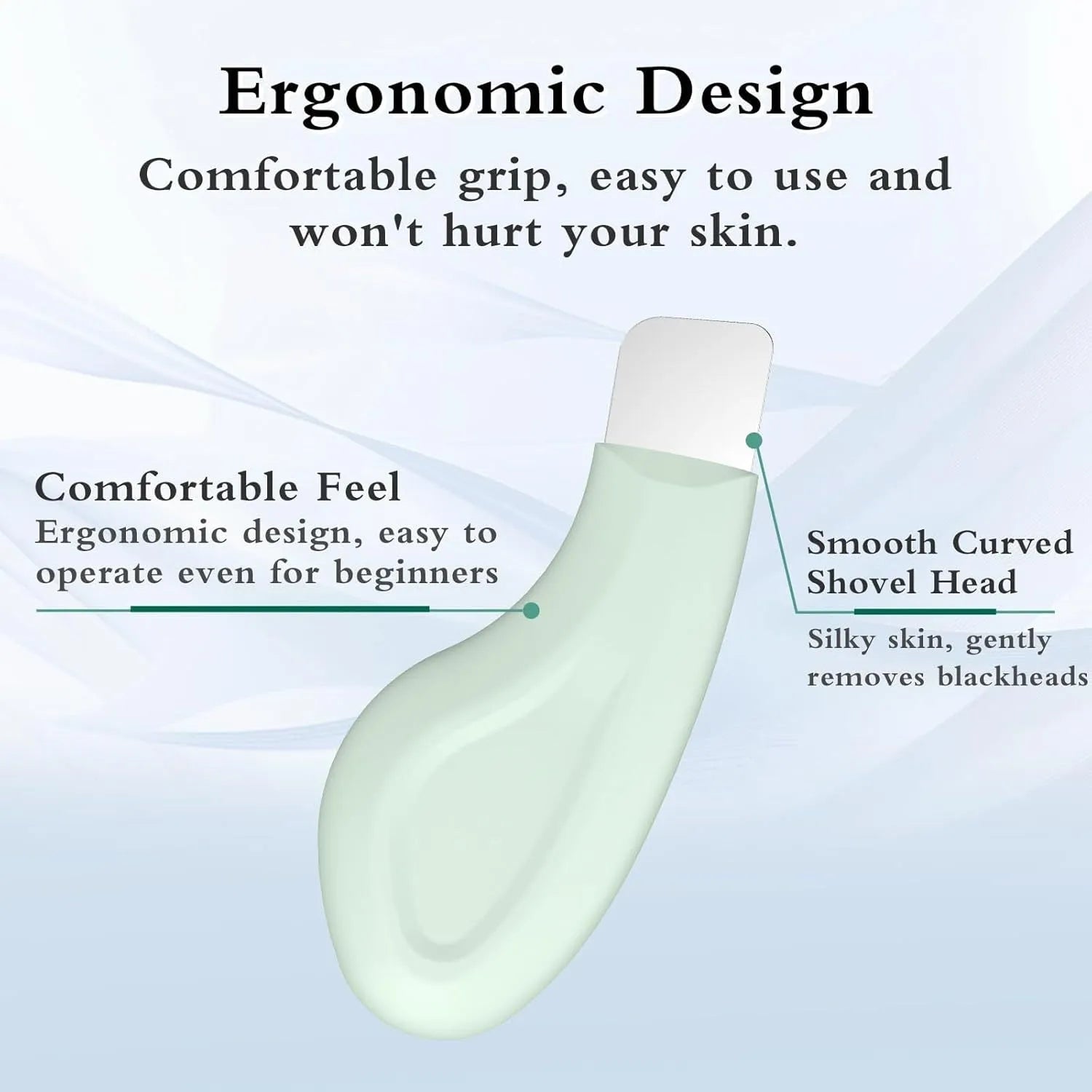Stainless steel pore scraper face tool with a green silicone non-slip handle.