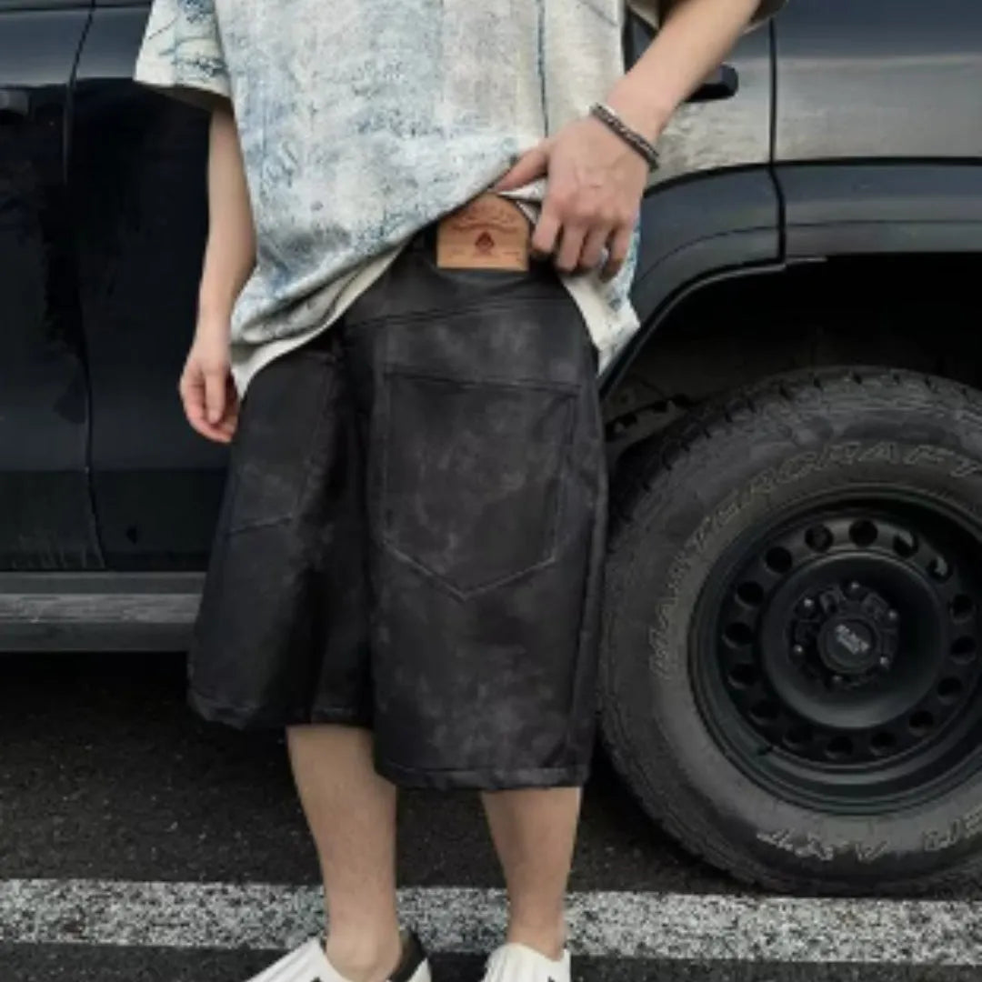 Korean style loose fit short sleeve t-shirt with full graphic print, tie-dye, and distressed wash effects.