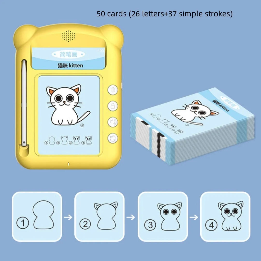 Yellow ABS plastic stick figure early learning machine with educational cards