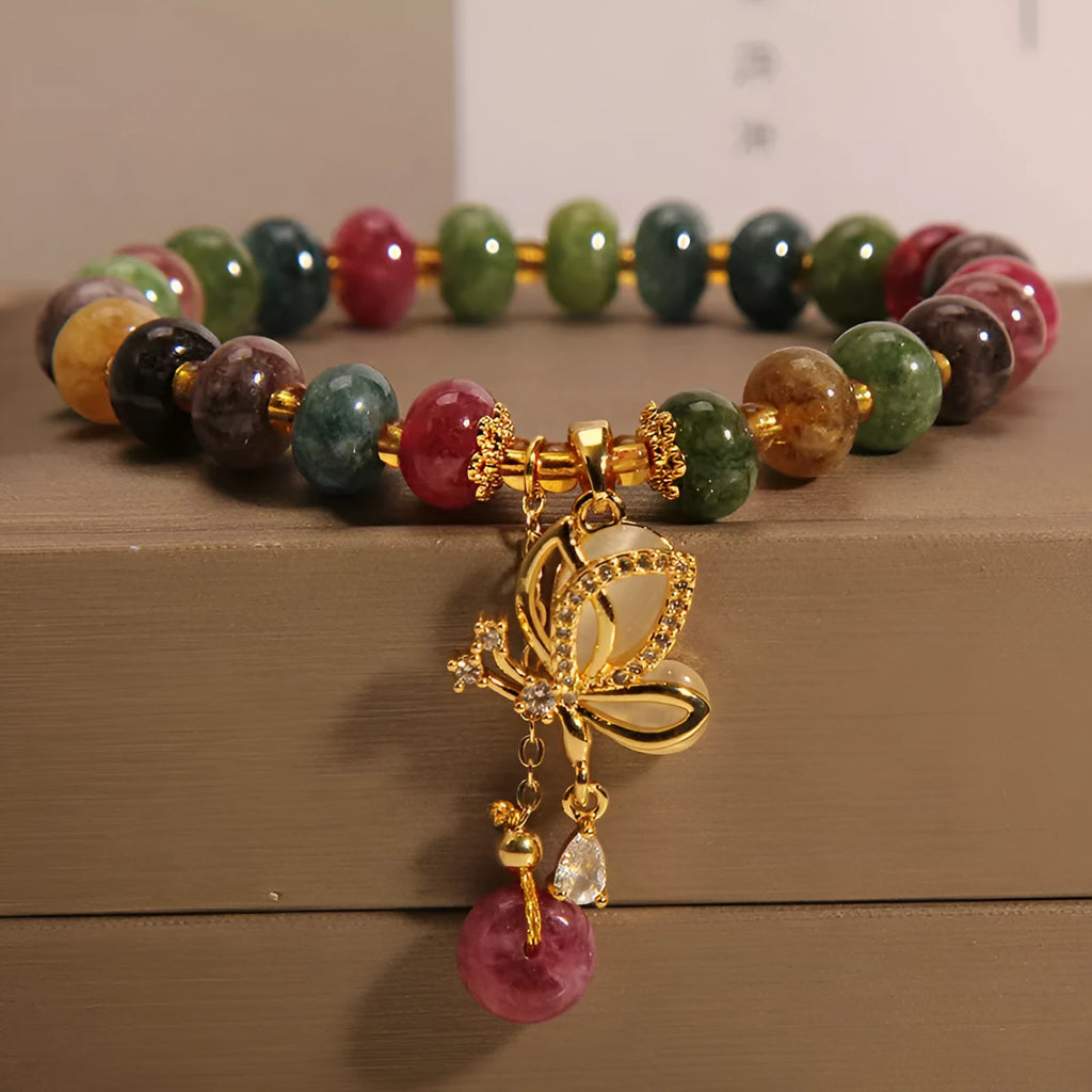 Women's colourful butterfly bracelet with alloy construction and bead decoration