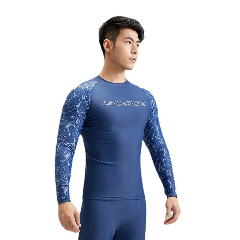 Men's two-piece swimwear set dark blue pattern nylon fabric extended sizes