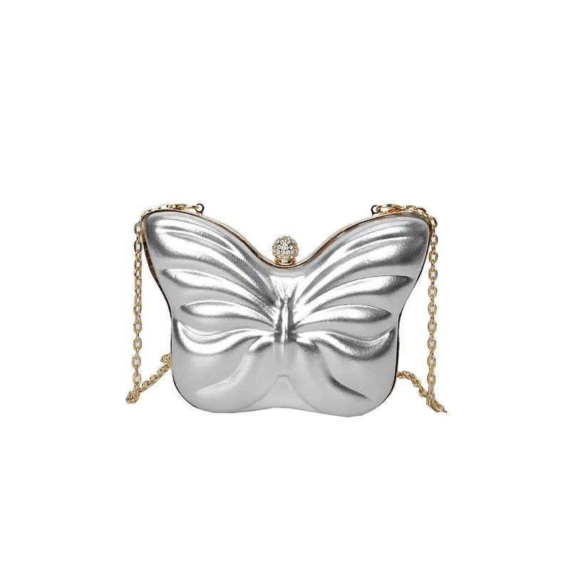 Women's cute butterfly chain crossbody bag in PU leather with sandwich pocket, available in black, purple, silver