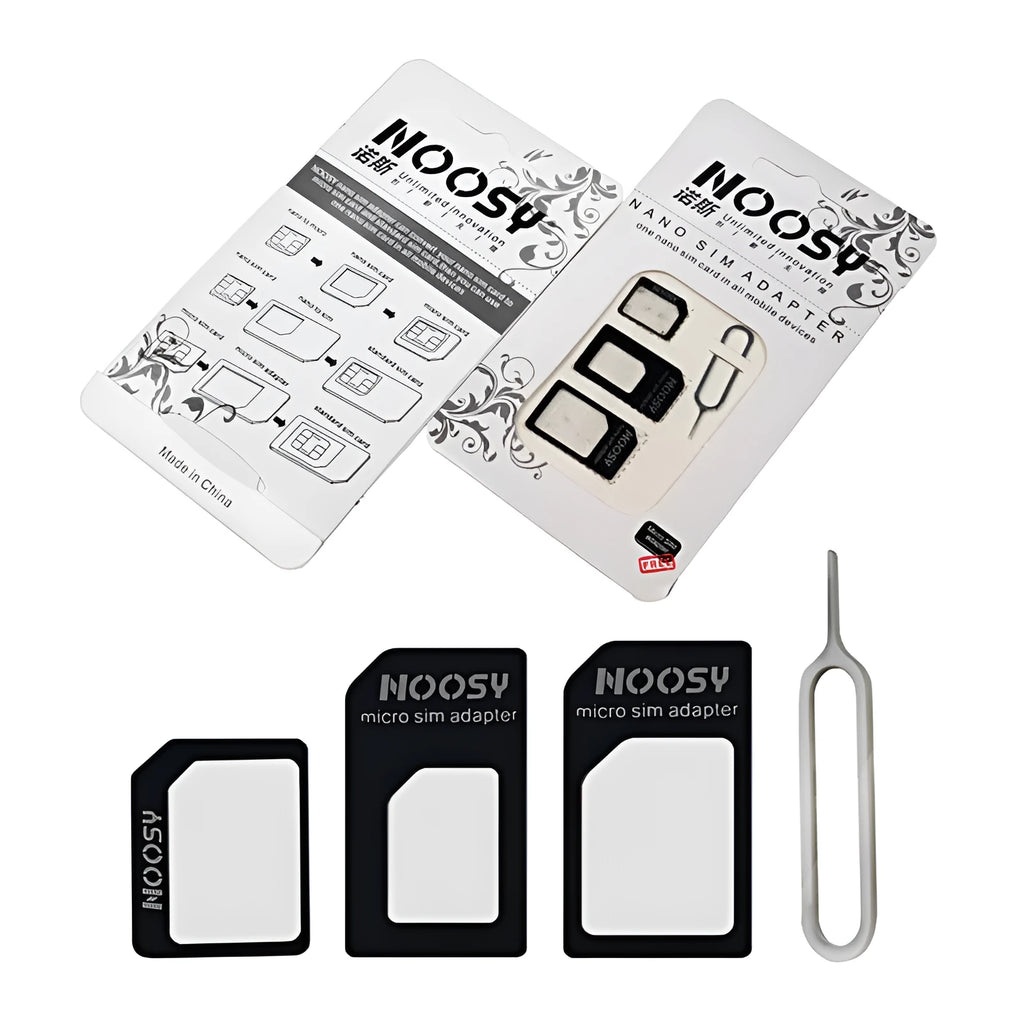 Three-piece SIM card kit with removal tool and adapter frames in black and white colour options