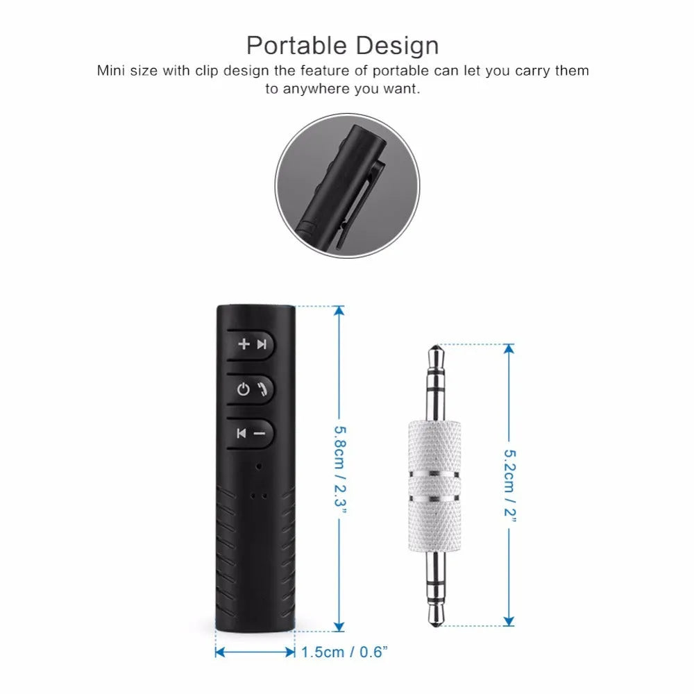 Black Bluetooth car audio adapter with 3.5mm connection for wireless music streaming