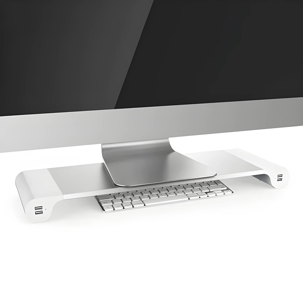 Smart aluminium and plastic computer monitor stand with USB charging ports and a hidden keyboard storage shelf