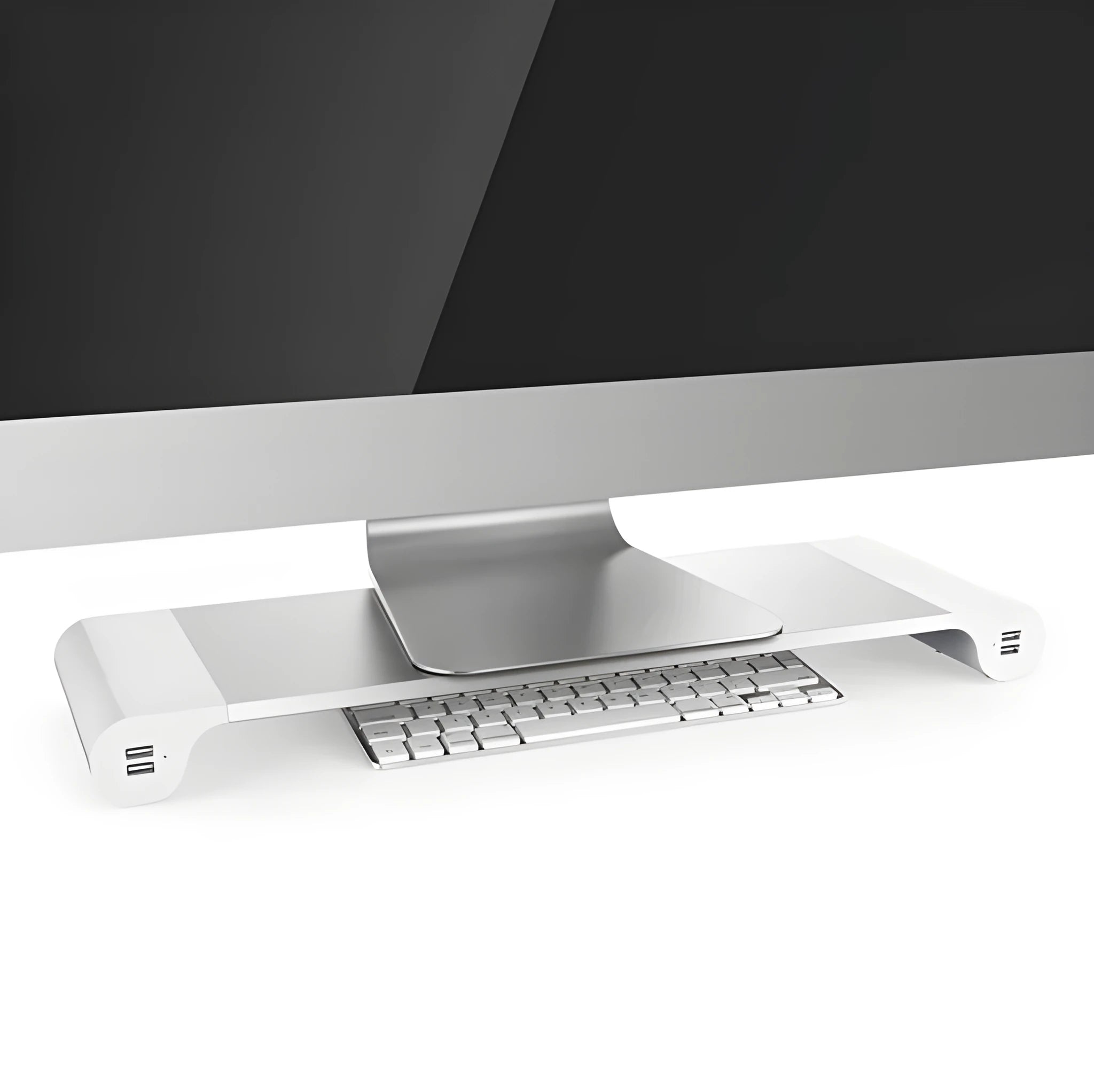 Smart aluminium and plastic computer monitor stand with USB charging ports and a hidden keyboard storage shelf