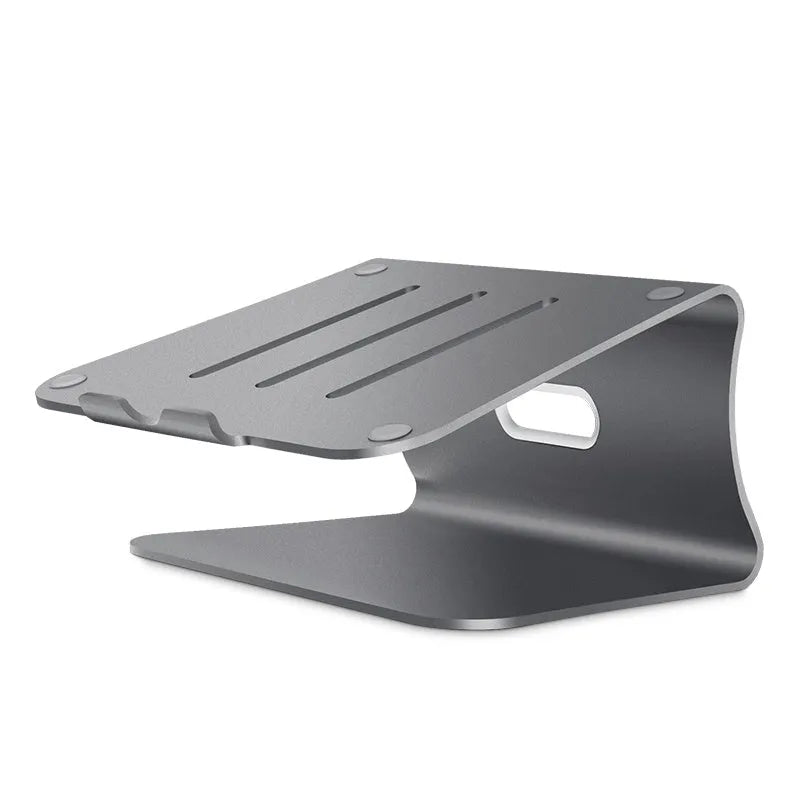Grey aluminium laptop cooling stand with a thick 4.07mm frame and a rotating base on a wooden desk.