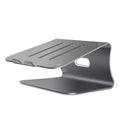 Grey aluminium laptop cooling stand with a thick 4.07mm frame and a rotating base on a wooden desk.