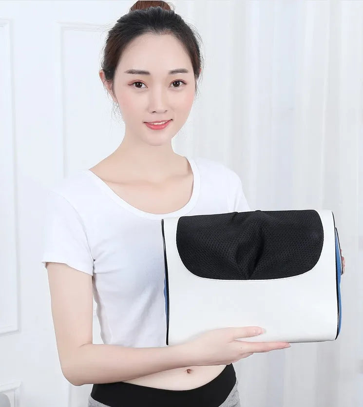 Electric cervical massage pillow with 16 heads in beige, rectangular trapezoid shape with computer control panel
