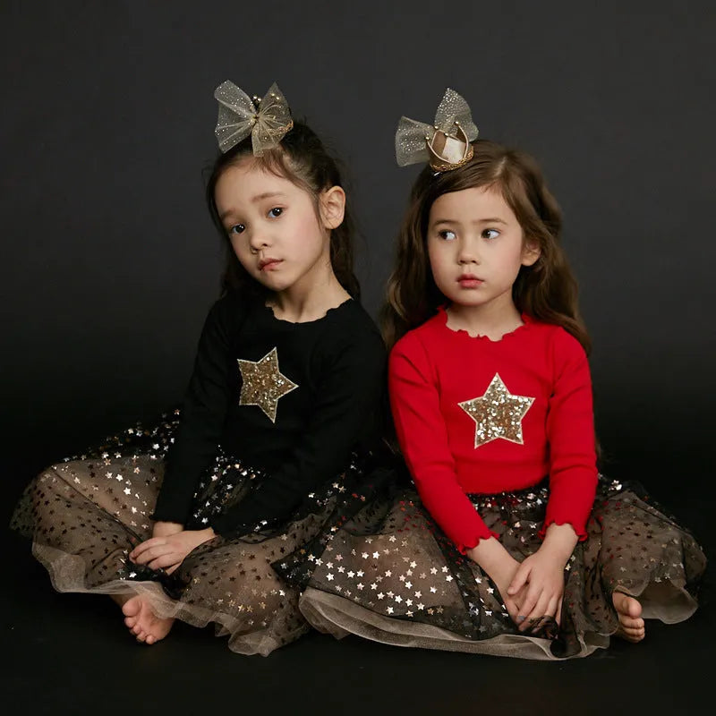 Red Christmas dress for girls with embroidered star pattern and lace detailing