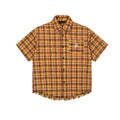 Men's yellow grid plaid short sleeve loose fit shirt on plain background