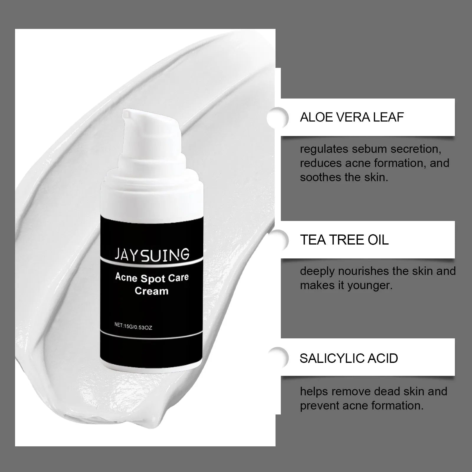 15g container of hydrating acne cream with mint, tea tree oil, and aloe leaf extracts