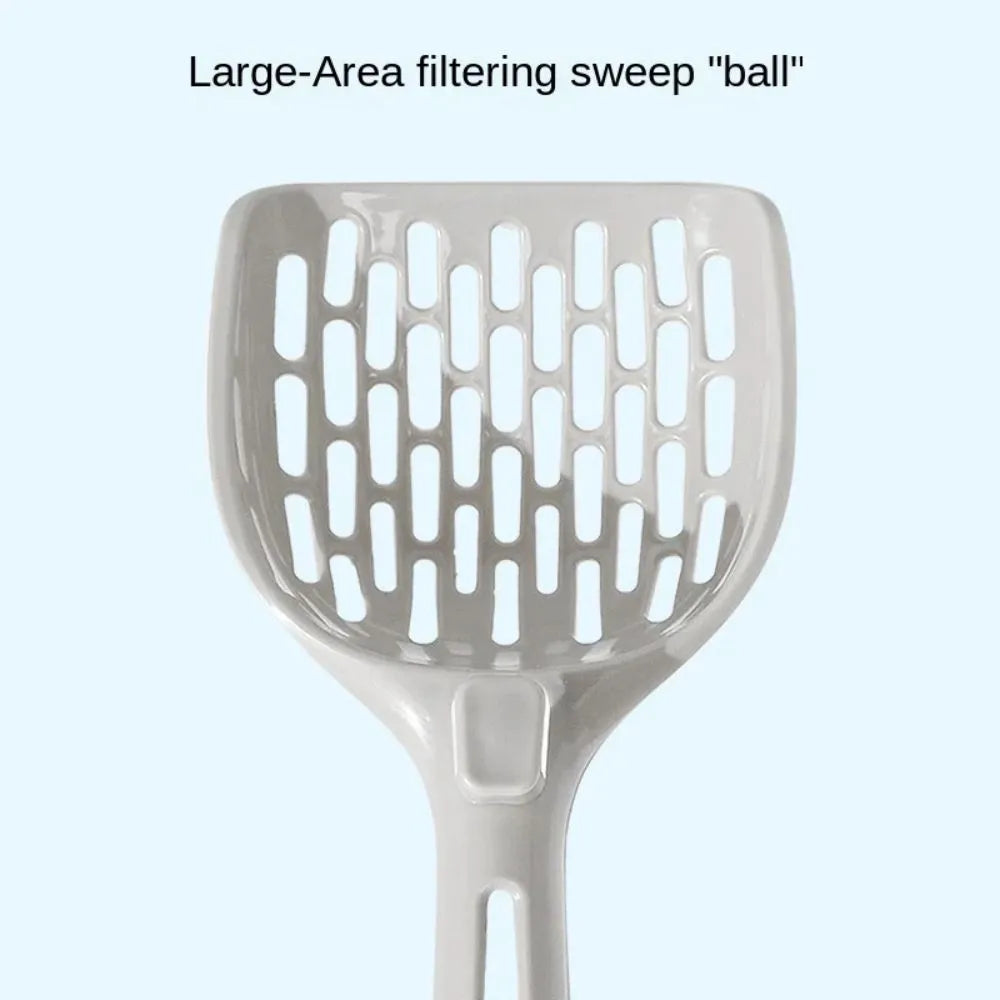 Grey plastic cat litter scoop with storage base showing self-cleaning slots and ergonomic handle