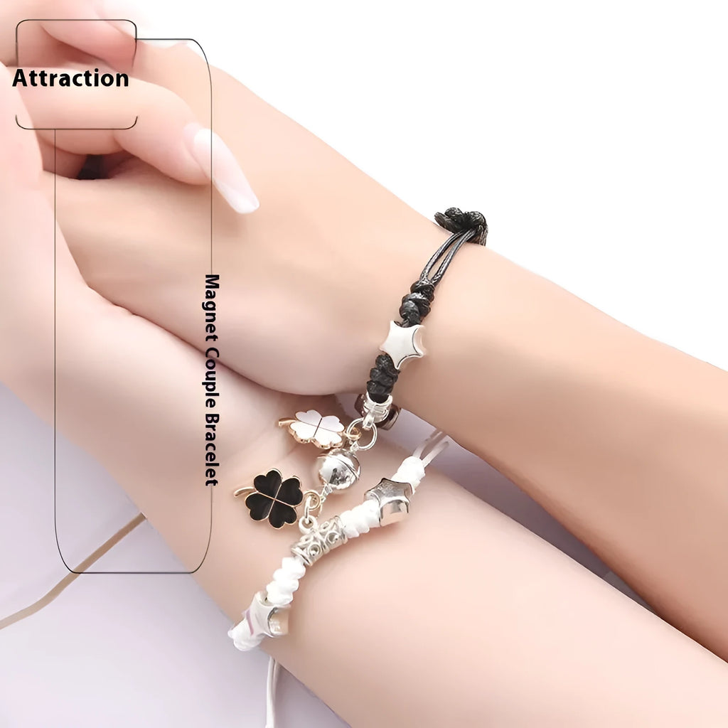 Magnetic couple bracelets with alloy electroplated finish showing multiple design styles including love locks and crown patterns