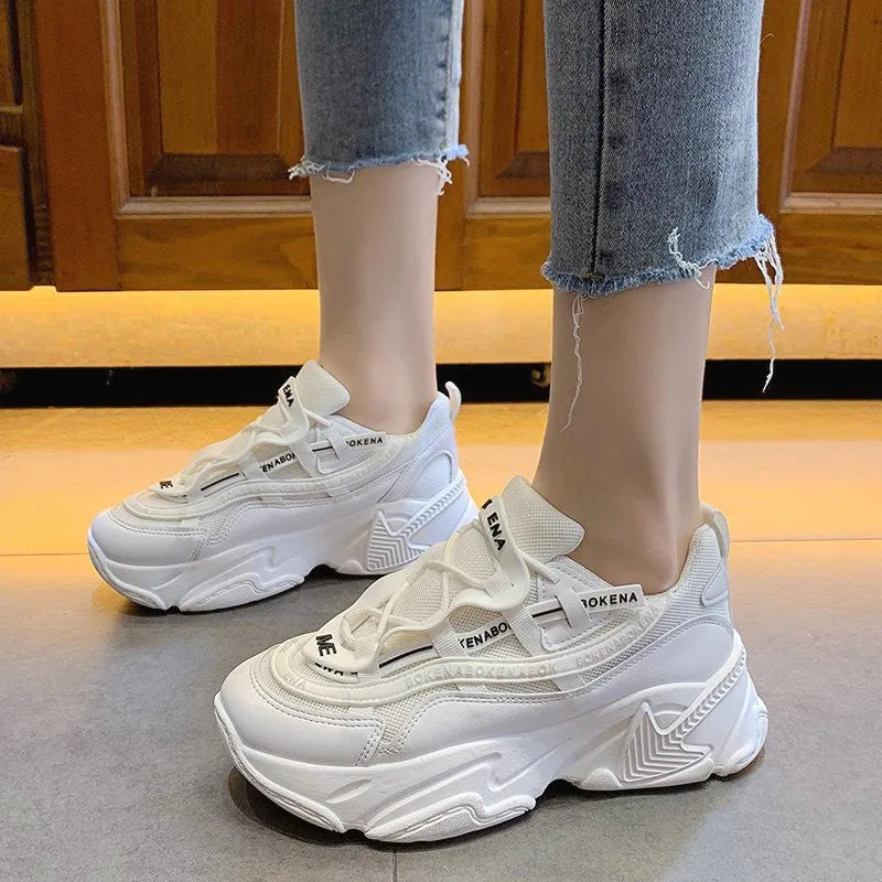 Women's thick-soled casual sneakers with breathable mesh lining and cross belt detail in multiple colours