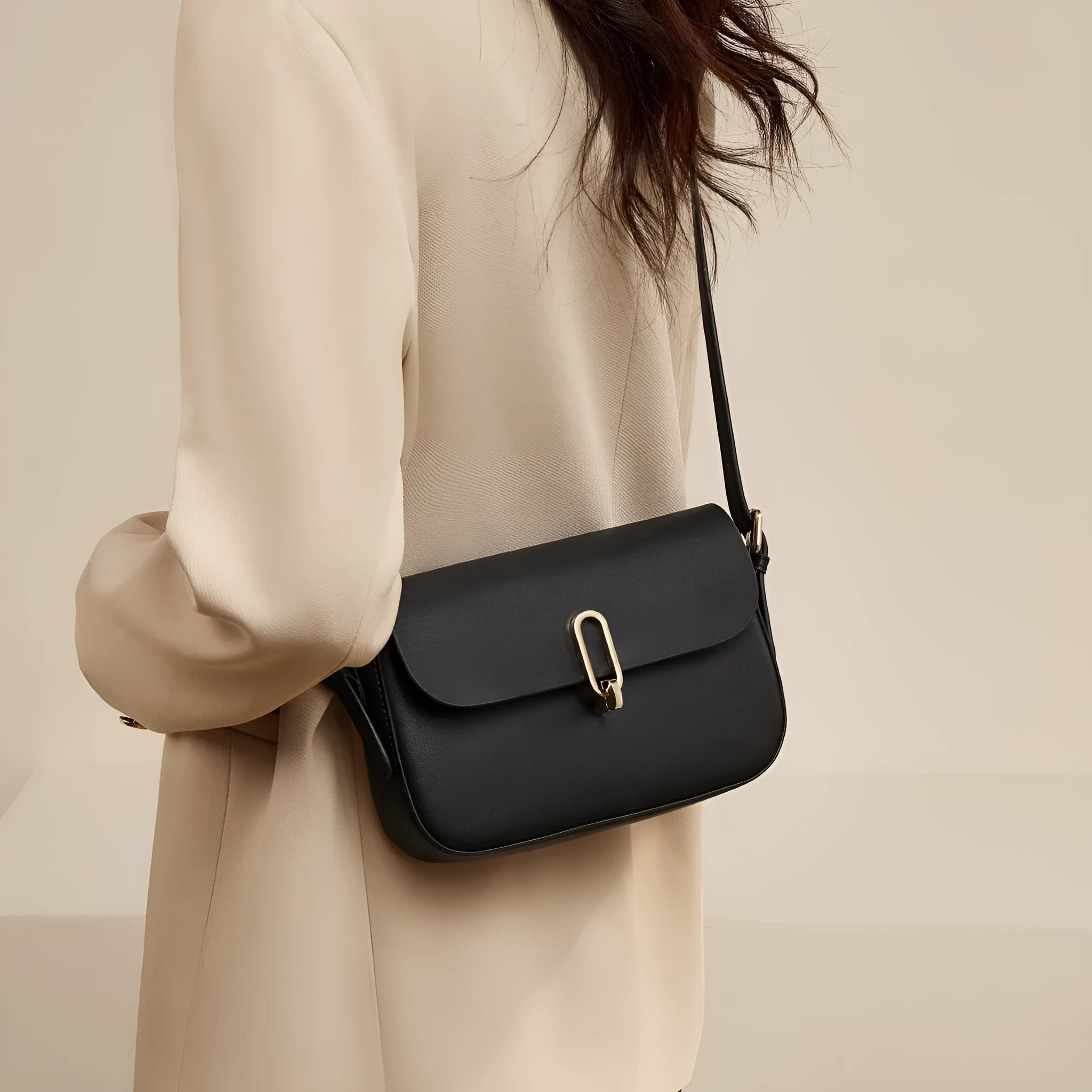Black and brown genuine cowhide leather square shoulder messenger bag with a lock and internal zippers